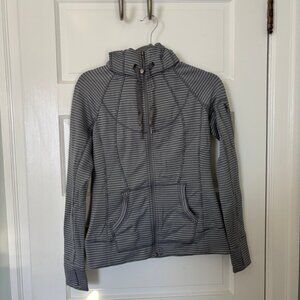 Athleta Gray Striped Full Zip High Neck Hooded Sweater Women's S Thumbholes